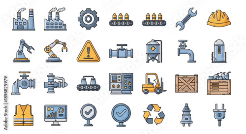 Collection of Industrial Icons and Symbols Representing Manufacturing and Engineering.