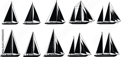 PrinBlack sailboat silhouette set with various luxury yachts and sailing ships isolated on white background for nautical travel ocean racing and maritime sport design (24 words)t