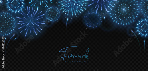 Holiday blue neon firework explosion isolated on black background. Independence day, New Year, traditional festival or event celebration. Vector illustration