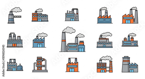 Collection of Industrial Factory Buildings with Smoke Stacks.