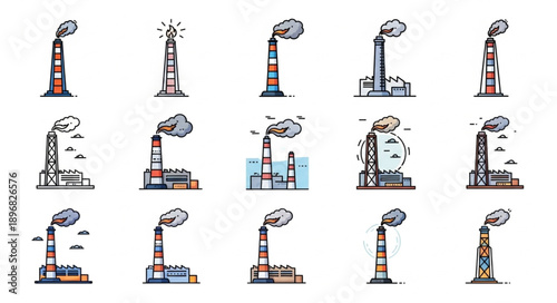 Collection of Industrial Factory Chimneys Emitting Smoke.