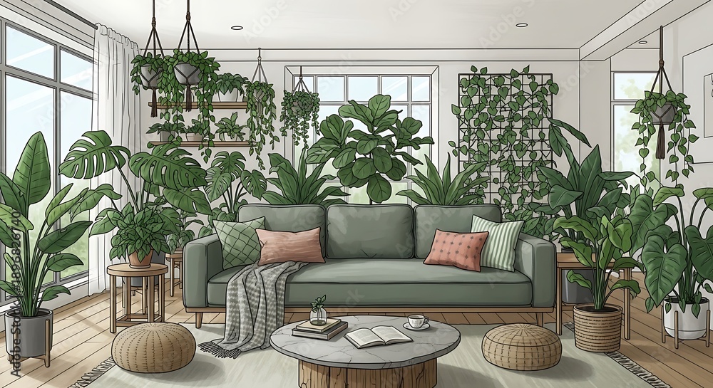 Fototapeta premium Lush Indoor Oasis - A Green Living Room Filled with Plants.