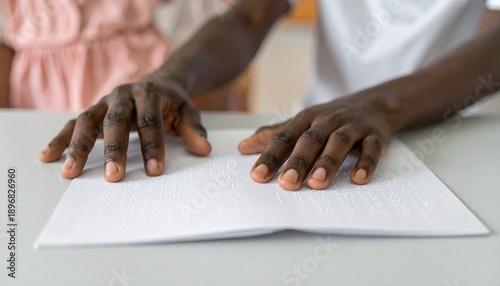 One African American Person Reading Raised Dots On Braille Paper Sheet In Classroom For Visual Impairment Support