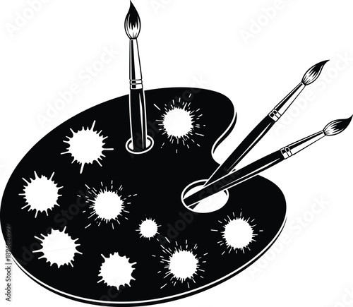 Artist paint palette silhouette with three brushes and paint splatters, creative art studio equipment vector, fine art hobby tools on white background