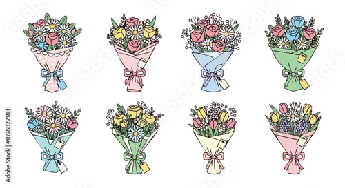 Set of 8 Cute Doodle Flower Bouquets. Pastel hand-drawn illustrations of roses, tulips, and daisies wrapped for gifts. Kawaii vector collection.
