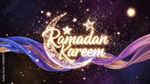 Sparkling crescent moon and stars with flowing ribbons in space