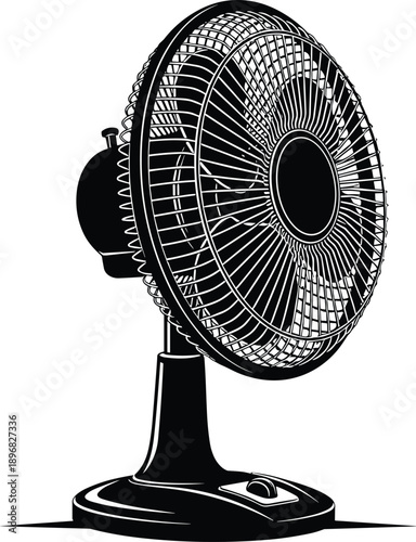 Black silhouette of a vintage electric desk fan with protective wire cage and circular base, home appliance for cooling and airflow