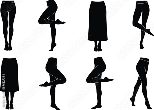 Black silhouettes of female legs in various poses wearing leggings and long skirts, slim woman lower body fashion movements, clothing apparel display