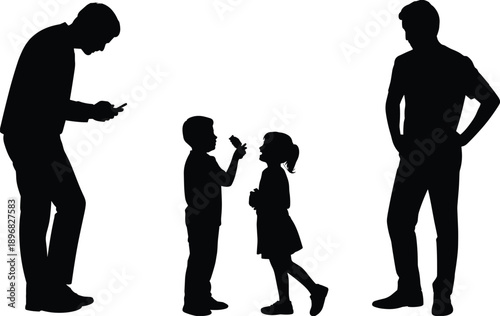Black vector silhouette of a father distracted by a smartphone while children play together for concepts of modern parenting technology and family lifestyle
