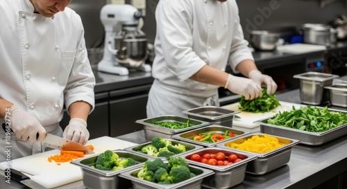 Professional chefs preparing a variety of fresh vegetables in a busy restaurant kitchen setting