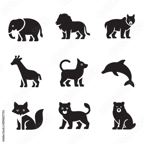 Collection of black silhouette icons of wild and domestic animals including elephant, lion, bear, giraffe, dog, dolphin, fox, and cat for graphic design purposes