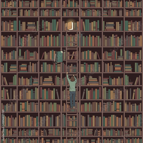 Man on ladder reaching for glowing book in vast library with endless shelves