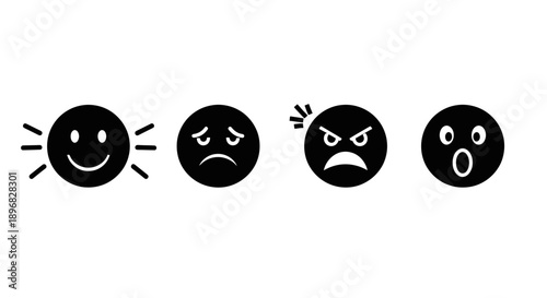 Four black emoji icons showing different emotions on white background.