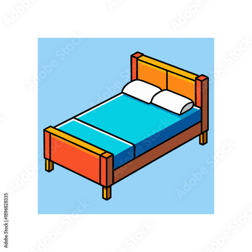 Isometric view of a bed with two pillows on transparent background