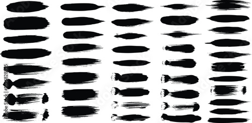 A collection of black brush strokes in various shapes and sizes on a clean background viewed from a straightforward perspective