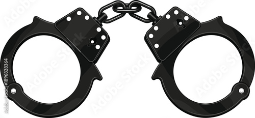 Professional metal handcuffs silhouette with steel chain link for police, law enforcement, justice, crime prevention, and security equipment on white background