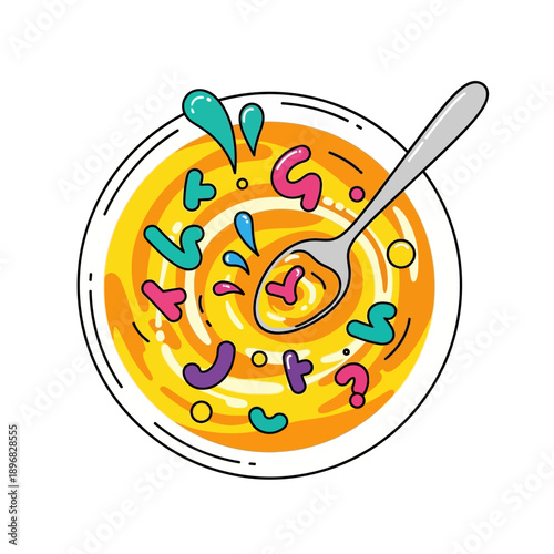 Colorful letters in a bowl of soup with a spoon splashing, abstract playful breakfast meal
