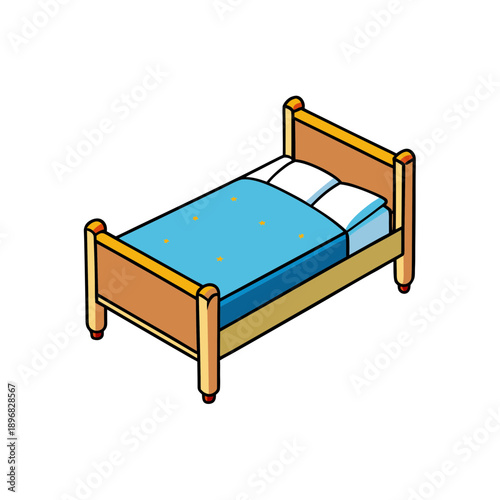 Cartoon bed with blue blanket and pillows on transparent background