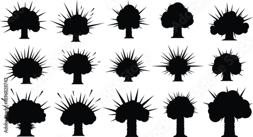 Collection of tree silhouettes with spikes in various styles and arrangements
