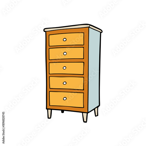 Cartoon style dresser with five drawers on transparent background