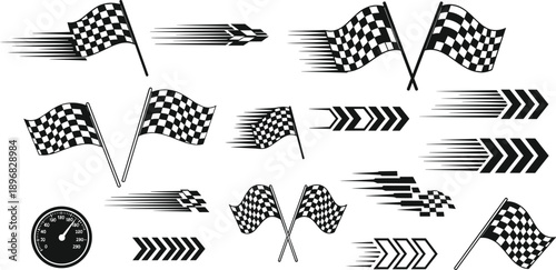 Racing flags and arrows in motion, conveying speed and competition, from a straightforward perspective