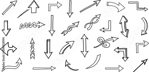 Collection of various hand-drawn arrows pointing in different directions on a clean background