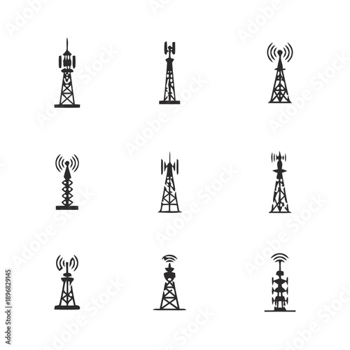 Collection of communication towers and antennas. Various cell tower designs for telecommunication and broadcasting signals. Infrastructure for mobile networks and wireless connectivity.