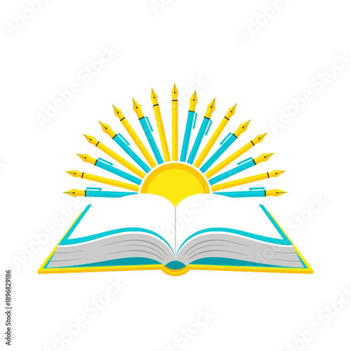 Open book with sun rising from behind, radiating fountain pen tips