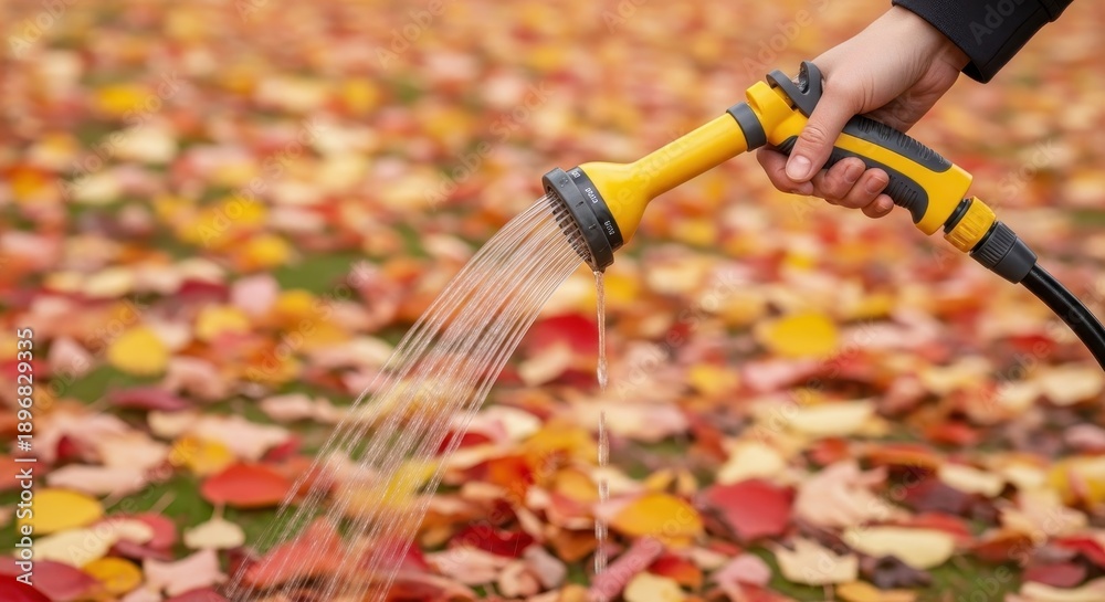 Fototapeta premium Autumn garden being watered with a yellow hose and flowing water amongst fallen leaves