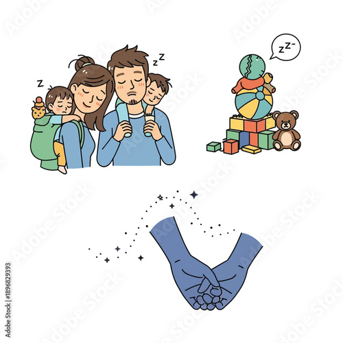 Illustrations depicting a tired family with sleeping babies, a child napping on toys, and hands holding with magical sparkles, symbolizing rest and care.