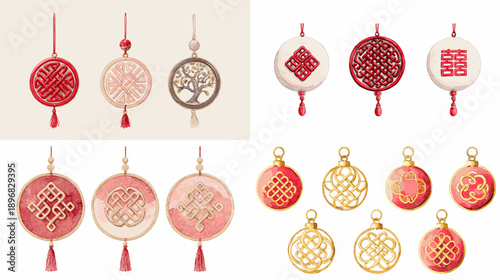 Watercolor Chinese New Year hanging medallions set with round ornaments, tassels, and lucky patterns. Festive red and gold decoration collection for Lunar New Year design.