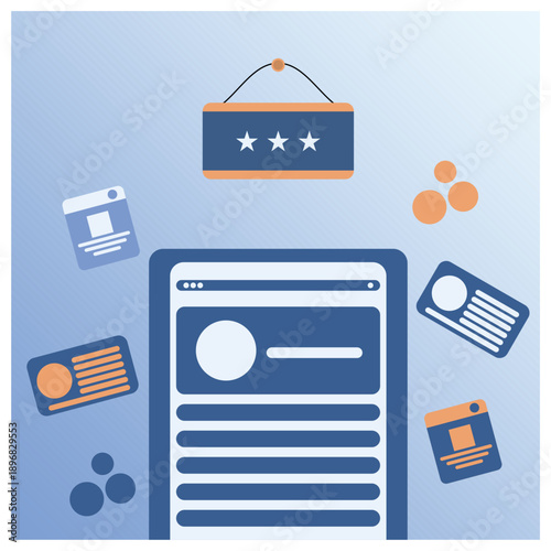 vector illustration representing an online review and reputation management system. The design features a mobile digital interface displaying user profiles and feedback lists.