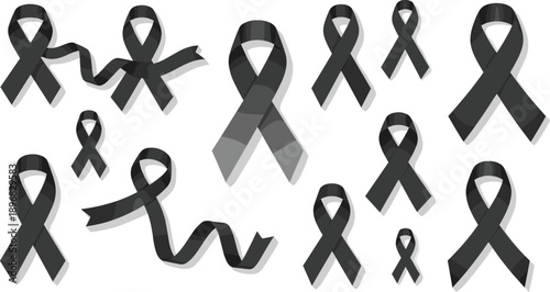 Collection of black ribbons in various styles, symbolizing awareness and solidarity, presented in a clean layout.