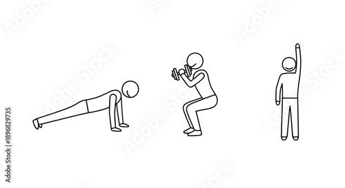 Stick Figure Exercise Sequence Showing Three Different Movements.