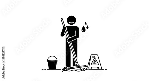 Person cleaning floor with mop and bucket icon.