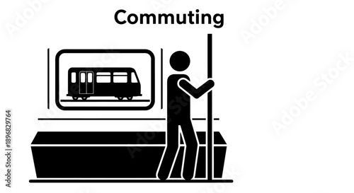 Commuting person holding onto pole inside public transportation vehicle.