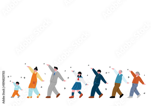 ノリノリで踊る三世代家族のイラスト