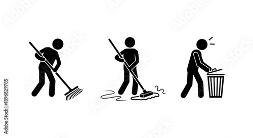 Three stick figures cleaning a floor and taking out trash.
