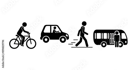 Icons representing different modes of transportation including a bicycle car bus and pedestrian.