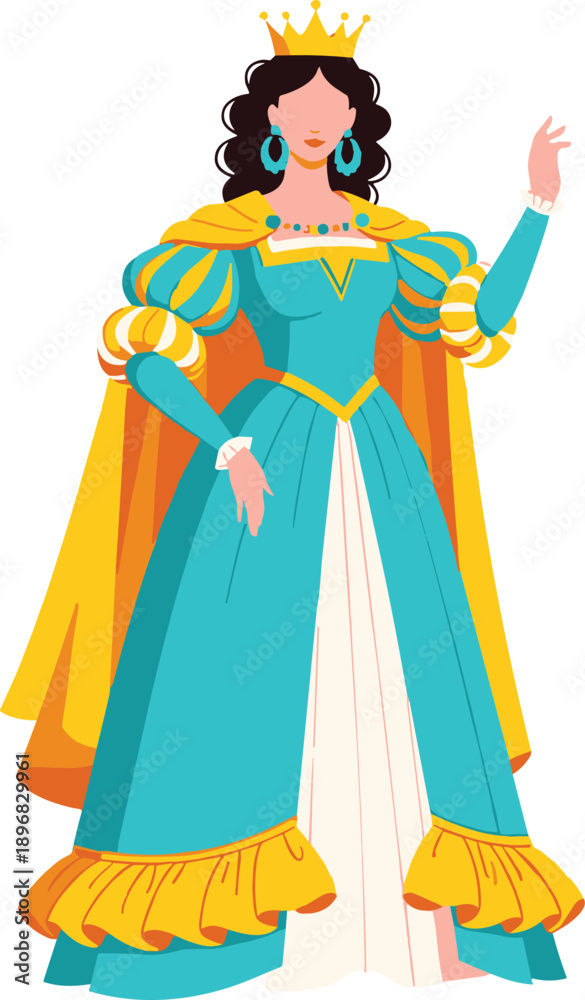 Fototapeta premium Beautiful medieval queen character wearing elegant turquoise gown with golden crown and yellow cape, royal female monarch illustration for fantasy history concept.