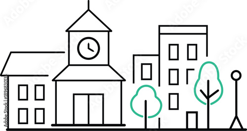 Outline illustration of a town square with clock tower and modern buildings minimalist vector design for urban concepts and city life