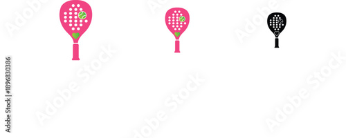 Collection of padel tennis rackets pink and black flat icons with strawberry design isolated on white background for sports apps and websites