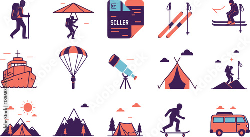 Adventure and Outdoor Travel Icon Set with Hiking, Camping, Skiing, Paragliding, Exploration, and Mountain Activity Symbols