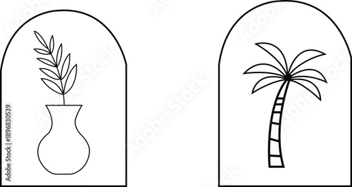 Two simple line art icons a vase with a plant and a palm tree representing nature and travel concepts for graphic design