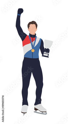 Figure Skating Champion Victorious with Gold Medal and Trophy Celebrating Victory on Ice trophy