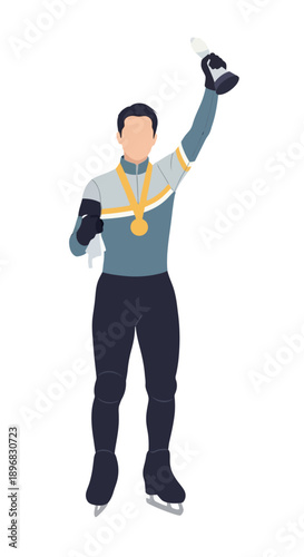 Male Figure Skater Celebrating Victory with Gold Medal and Champagne Bottle trophy