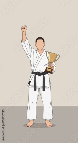 Karate Champion Celebrates Victory with Trophy and Raised Fist trophy