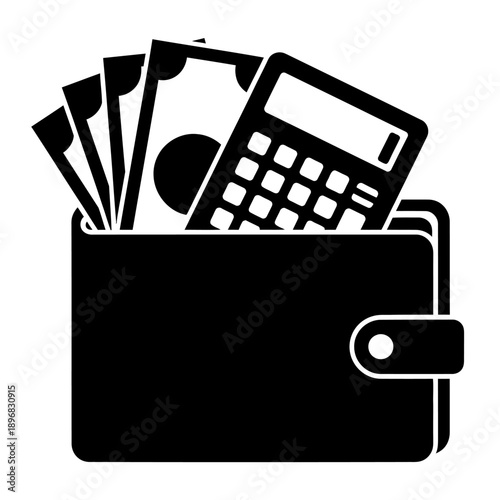 Wallet, Cash and Calculator Icon – Budget Planning, Expense Tracking, Financial Management Symbol (Black Silhouette)