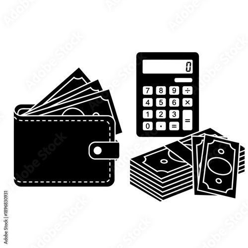 Wallet, Cash and Calculator Icon – Budget Planning, Expense Tracking, Financial Management Symbol (Black Silhouette)