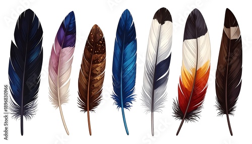 Collection of Diverse and Colorful Bird Feathers Isolated on White Background.